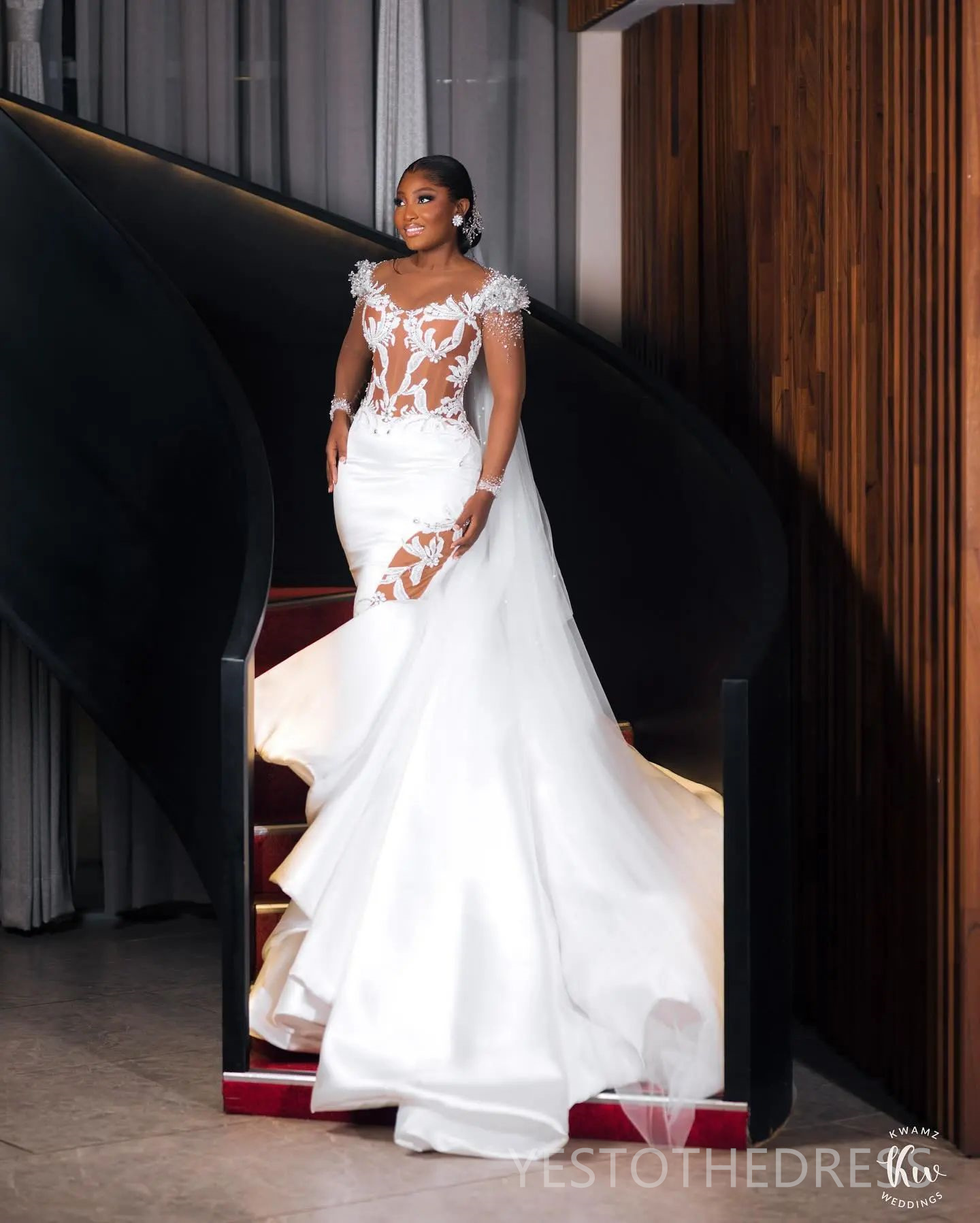 2024 Mermaid Wedding Dresses Bridal Gowns Illusion Mermaid Wedding Gowns for Black Women Long Sleeves Appliqued Beads Lace Rhinestones Crystals Marria