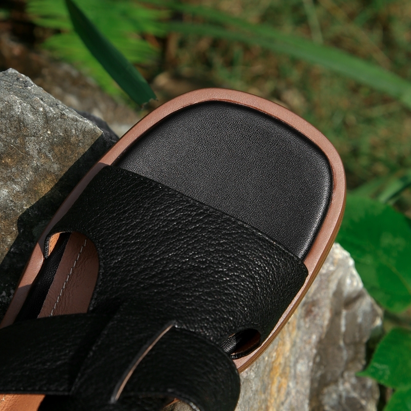 Women's New Spring/Summer Square Head Genuine Leather Sheepskin Thick Sole Waterproof Platform High Heel Open Toe Slippers