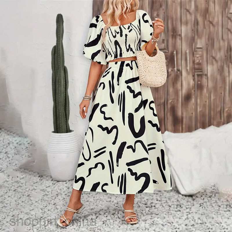 Basic Casual Dresses for Woman Women's clothing set, summer two-piece set, sleeve, ruffled top, printed skirt for women