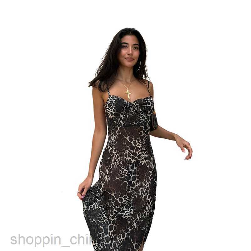 Basic Casual Dresses Women Summer New Women's Sexy Open Back Stacked Collar Side Split Leopard Pattern Mesh Sling Dress