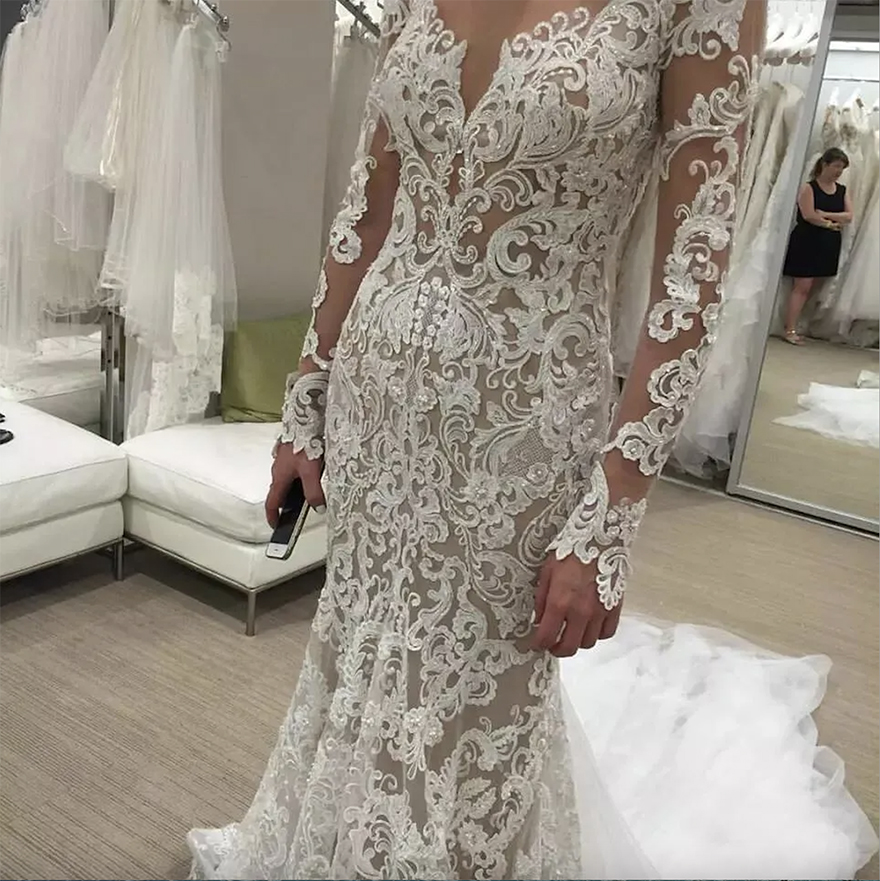 long sleeves mermaid lace illusion berta wedding dresses sheer neck bridal dresses sexy vintage wedding gowns