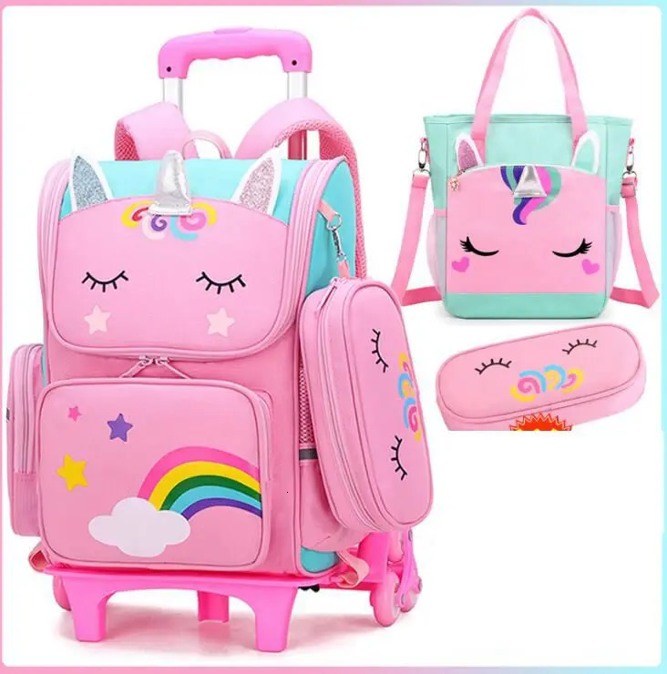 School Trolley Bag For Girls School Trolley Bag For Kids with lunch bag Rolling Backpack Bags Kids School Wheeled Backpack Bag 240621