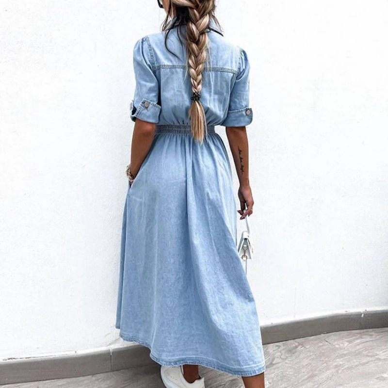 Elegant Lapel Short Sleeve Denim Dress Casual Single-breasted Pocket Long Dress Summer High Waist Temperament Commute Dress 240701