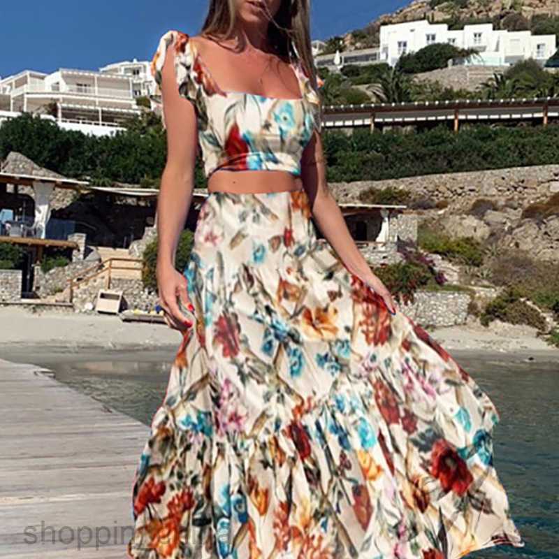 Basic Casual Dresses Women Summer New Waist Top Fashion Sexy Print Dress Long Dress Two Piece Set