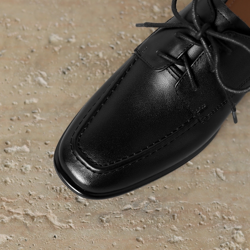Women's New Square Head Comfortable Spring And Autumn Genuine Leather Cowhide Lace Up Middle Heel Large Oxford Shoes