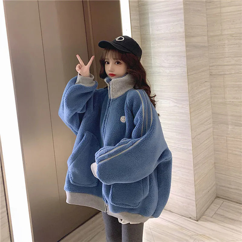 Korean Patchwork Contrast Color Faux Lamb Wool Coat Casual Women Stand Collar Long Sleeve Imitation Fur Overcoat F7.1#48.51