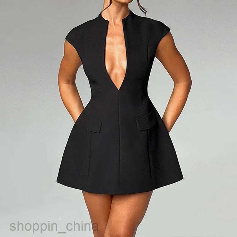 Basic Casual Dresses for Woman Summer Women's New Style Elegant and Fashionable Solid Color V-neck Waist A Line Dress