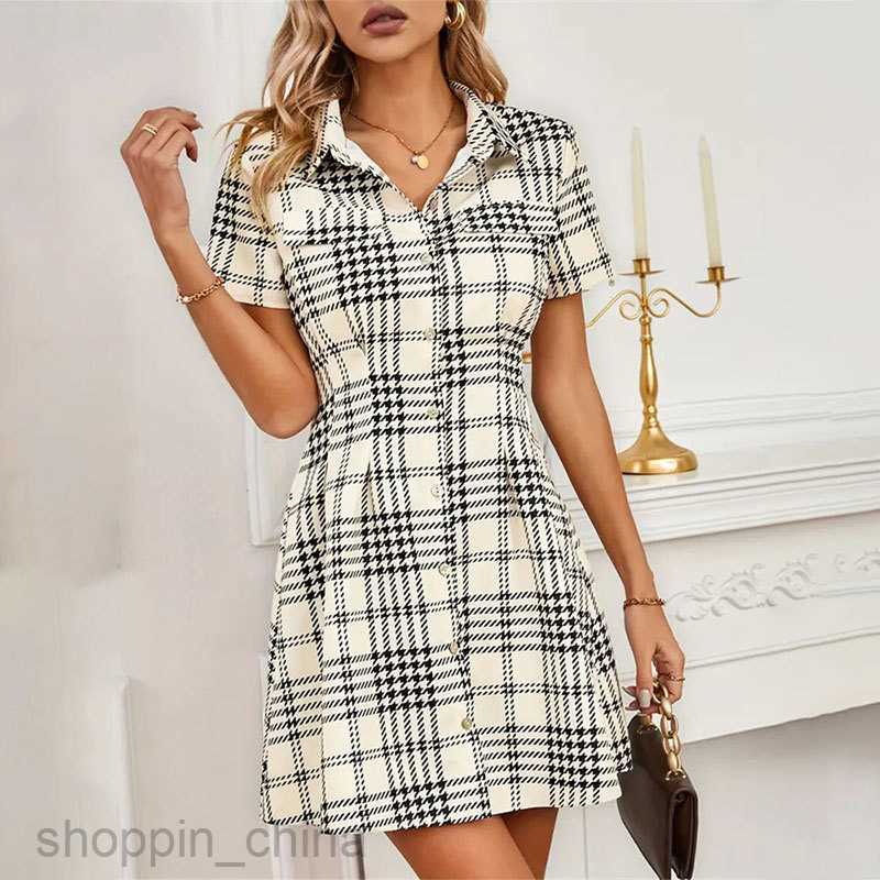 Basic Casual Dresses for Woman Printed shirt skirt, short sleeved waistband, thousand bird plaid short skirt dress, spring/summer women's feeling