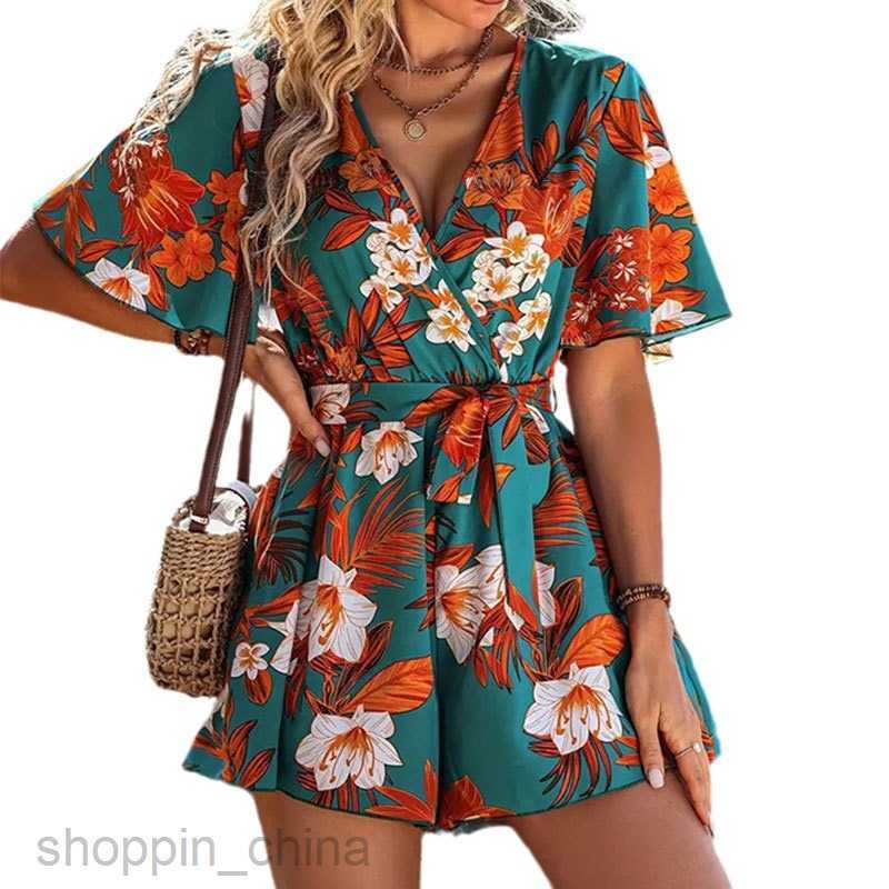 Basic Casual Dresses for Woman Beach Vacation Wind Lotus Leaf Sleeves Cross Collar Waistband Short Skirt Pants Women's Loose Printed jumpsuit Wom