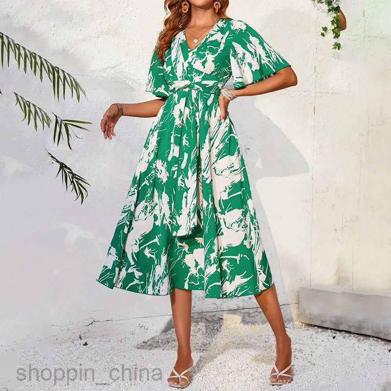 Basic Casual Dresses Women Summer New Elegant and Romantic Long Skirt Flare Sleeves V-Neck Ruffle Ribbon Printed Dress Long Dress