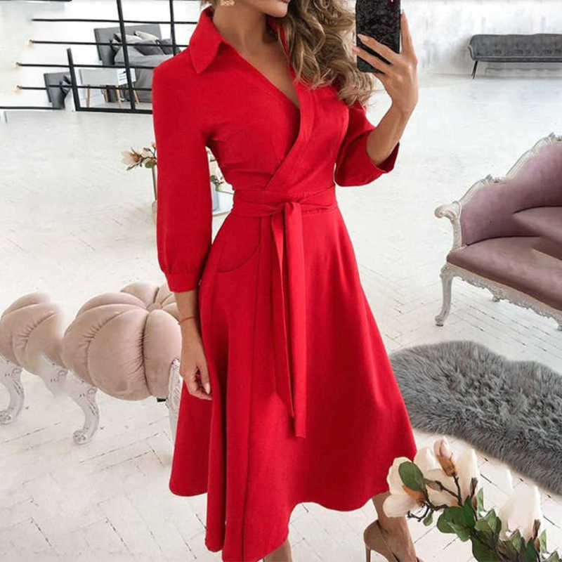 Basic Casual Dresses Woman Summer New Fashion Print Long Sleeved V-Neck Wrapped Hip Style Commuter Dress For Women