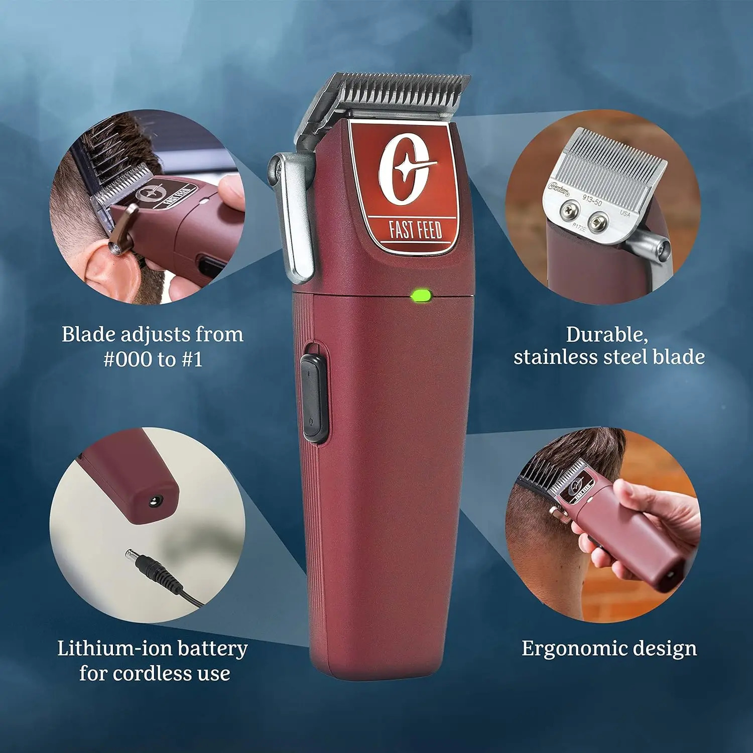 Oster Professional Cordless Hair Clippers Fast Feed for Barbers and Cutting with Detachable Blade Burgundy 240619