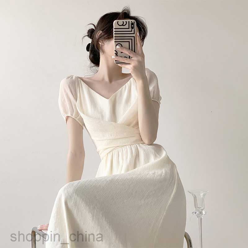 Basic Casual Dresses Women High end V-neck chiffon short sleeved long skirt new apricot summer temperament waist closing dress with pear shaped figure