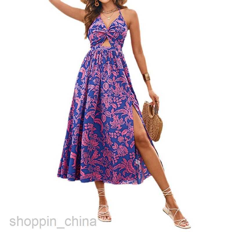Basic Casual Dresses for Woman Women's printed suspender with open back and elastic waist strap, sleeveless long hanging neck dress skirt