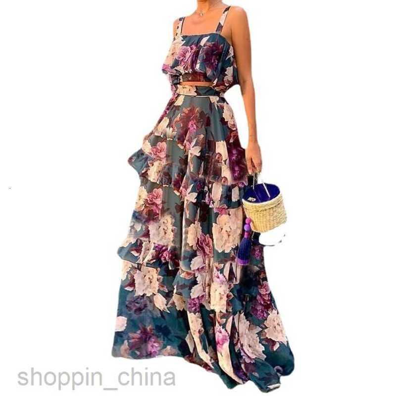 Basic Casual Dresses for Woman Summer Women's New Fashionable Fragmented Flower Top with Hanging Strap and Lotus Edge Cake Skirt Set