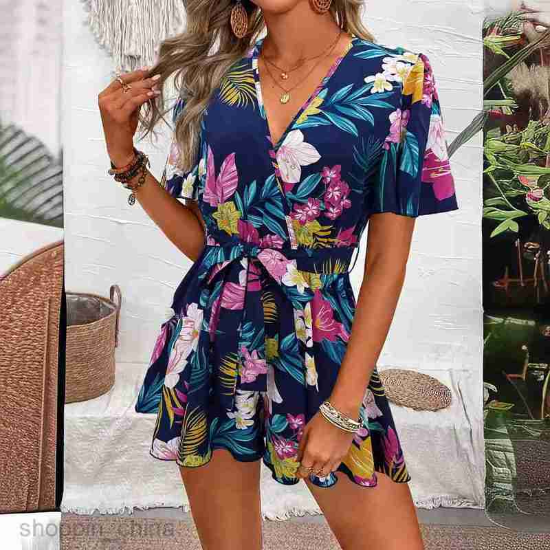 Basic Casual Dresses for Woman Beach Vacation Wind Lotus Leaf Sleeves Cross Collar Waistband Short Skirt Pants Women's Loose Printed jumpsuit Wom
