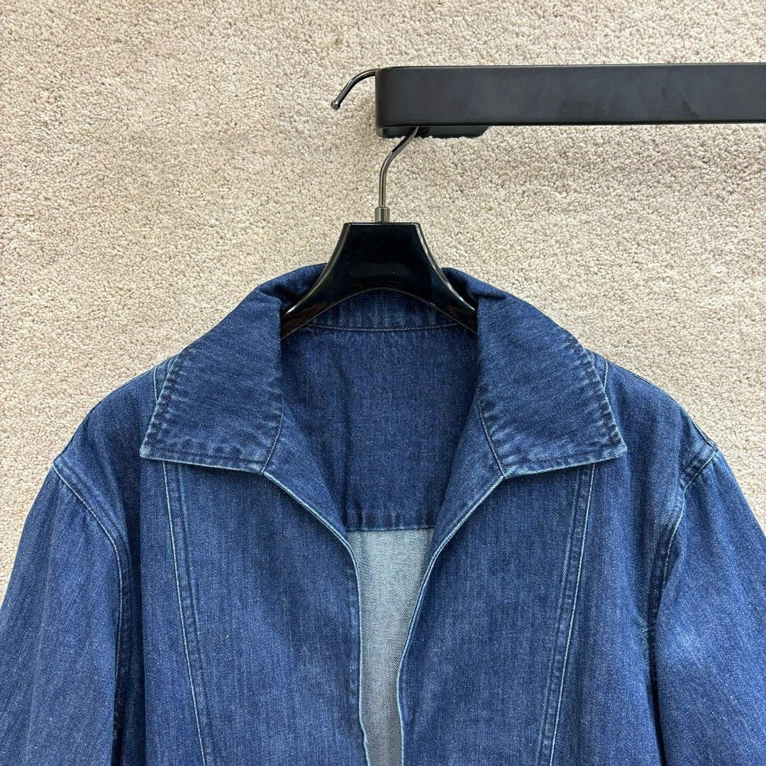 Summer Short sleeved Denim Dress Pleated V-neck Flip Collar Fashionable Slimming Years Versatile Womens Dress 240701