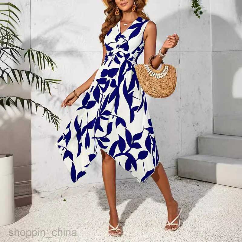 Basic Casual Dresses for Woman Long sleeveless midi skirt, leaf print, twisted irregular dress, spring/summer women's design sense