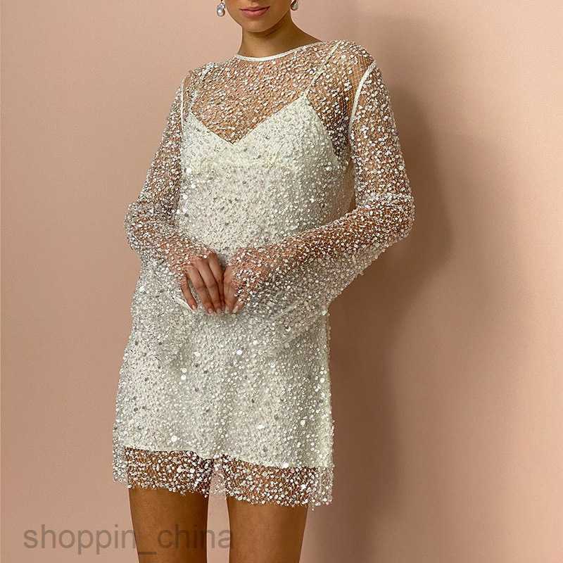 Casual Dresses for Woman Women's Wear Size Bubble Bead Perspective Mesh Two Piece Set with Hanging Strap Dress