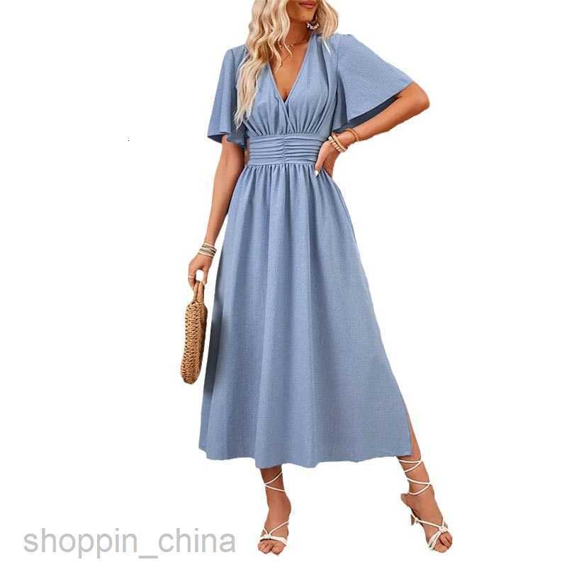 Basic Casual Dresses for Woman Women's skirt with lotus leaf sleeves, high slit, elastic waist dress, solid color, long skirt, summer girl's
