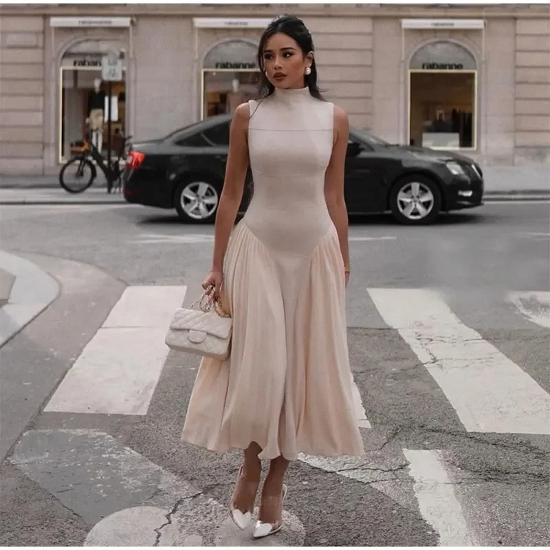 Elegant Sleeveless Women Midi Dress Fashion Slim Half High Collar Pleated Hem A-line Dresses Summer Female Solid Commuting Robe 240530