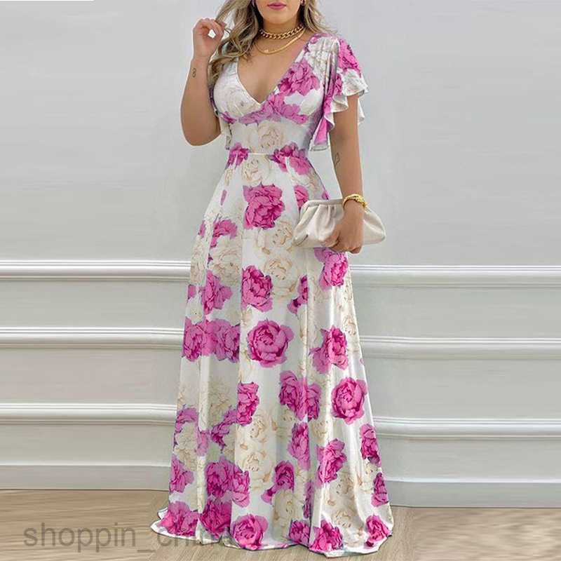 Basic Casual Dresses Women new women's summer floral commuting V-neck waist cinching printed large hem dress