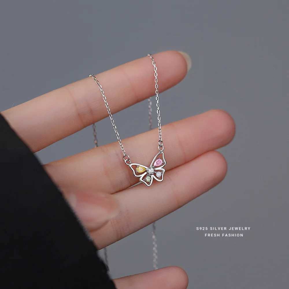Pendant Necklaces 925 Sterling Silver Korean Sweet Colored Zircon Butterfly Pendant Necklace for Women Girl Wedding Party Jewelry