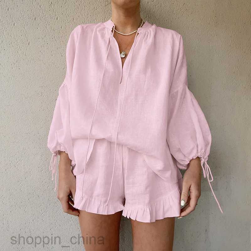 Women's Two Piece Sets Pants Summer New Women's Fashion Casual Long sleeved Pullover Shorts Loose Solid Color Lace up Set