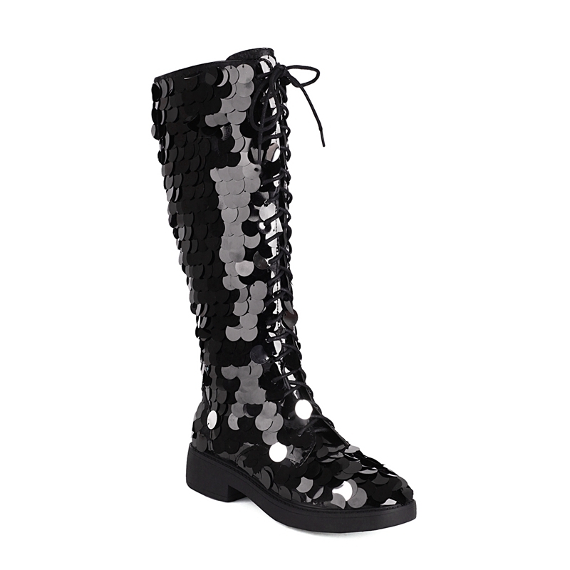 Women's New Round Head Lace Up Sequin Thick Bottom Large And Calf High Barrel Mar Mid Heeltin Boots