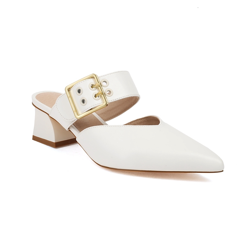 Women's New Spring/Summer Pointed Metal Belt Buckle Large Medium Heel Baotou Muller Slippers
