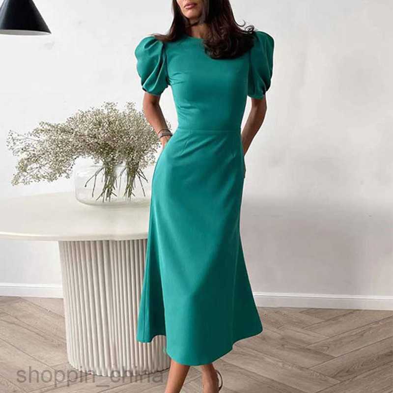 Basic Casual Dresses for Woman New Trendy Women's Fashion Bubble Sleeves Temperament Wrapped Hip Solid Color Long Dress