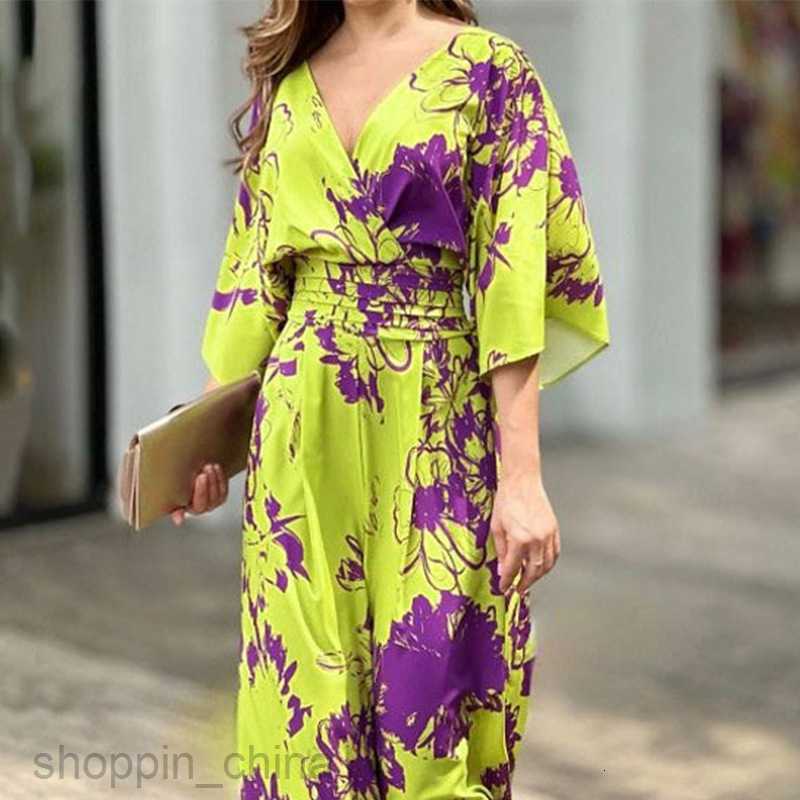 Basic Casual Dresses for Woman Summer New Women's Wear Fashionable and Elegant Printed Bat Sleeves Waist Wrapped V-Neck jumpsuit