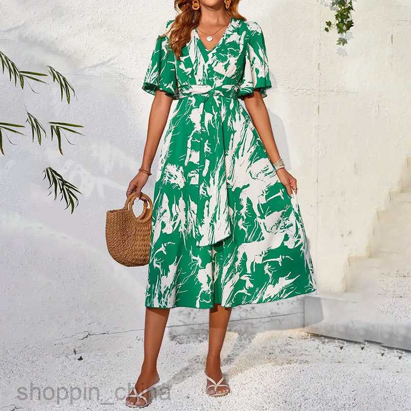 Basic Casual Dresses Women Summer New Elegant and Romantic Long Skirt Flare Sleeves V-Neck Ruffle Ribbon Printed Dress Long Dress