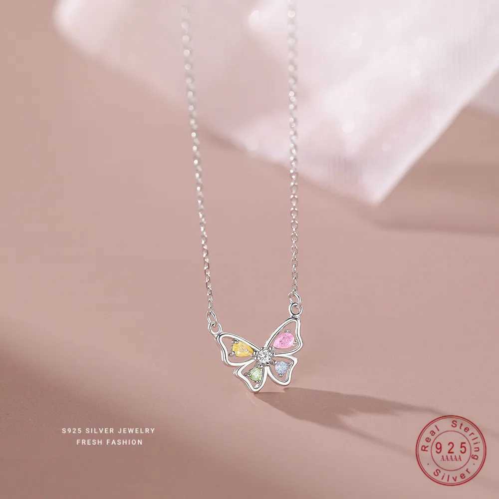 Pendant Necklaces 925 Sterling Silver Korean Sweet Colored Zircon Butterfly Pendant Necklace for Women Girl Wedding Party Jewelry