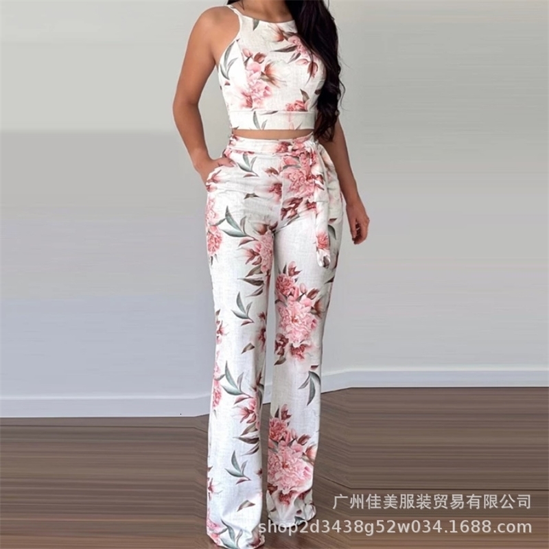 European and American womens full-frame floral tight-fitting sling top suit trousers woman cloth female two pieces set pants 240530