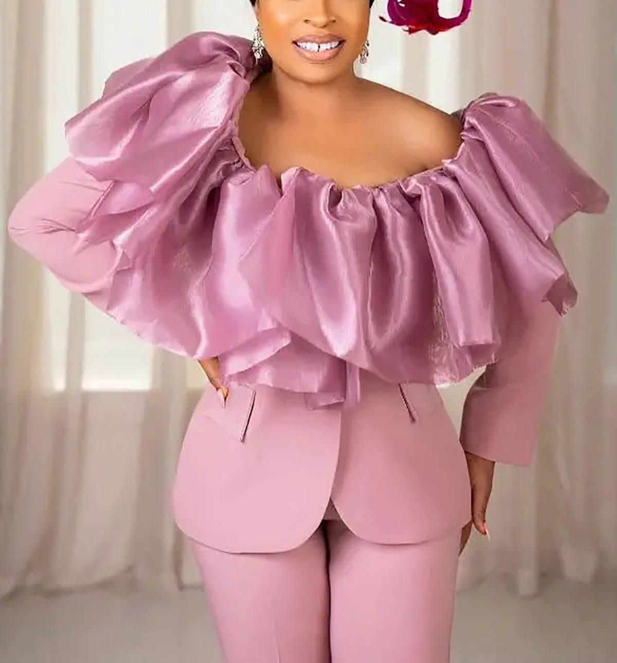 Unique Design Women Pants Suits Flowers Ruffles Ladies Loose Party Prom Jacket Coat Tailored Guest Wear 2 Pieces