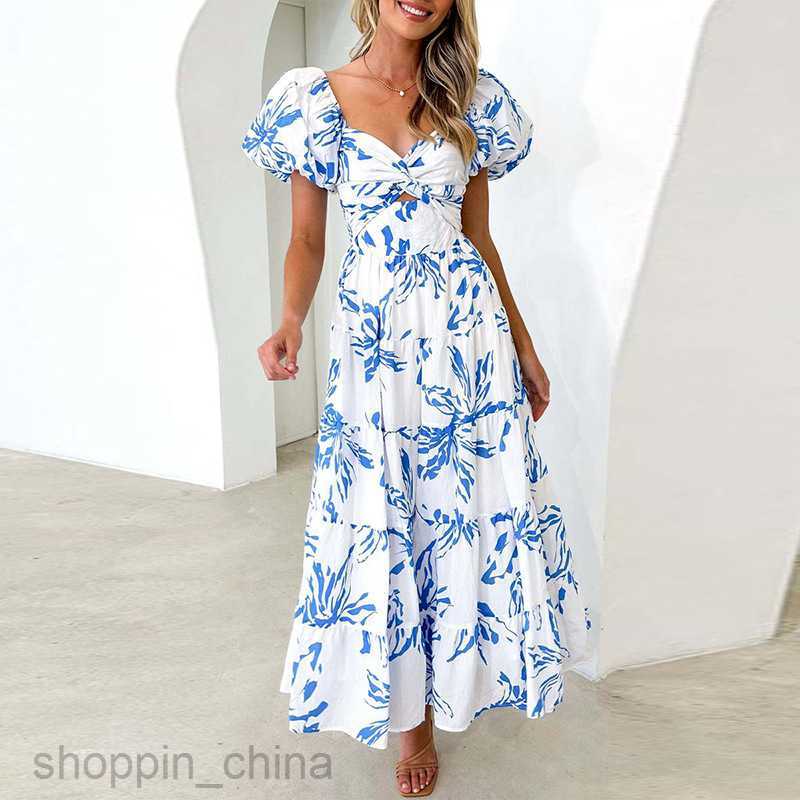 Basic Casual Dresses for Woman Summer New Women's Sweet and Elegant Flower Hollow Shoulder Printed Dress