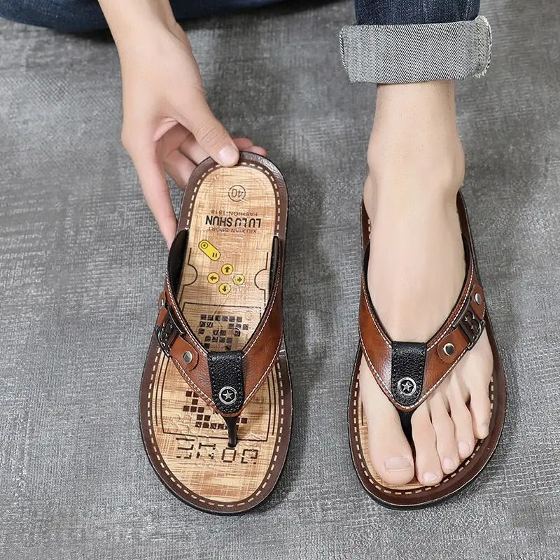 Shiatsu Male Slipper Soft Mens Shoe Beach Outdoor Sabot Flat Leather Flip Flops Slides Elegant Original High Quality Fashion 240701