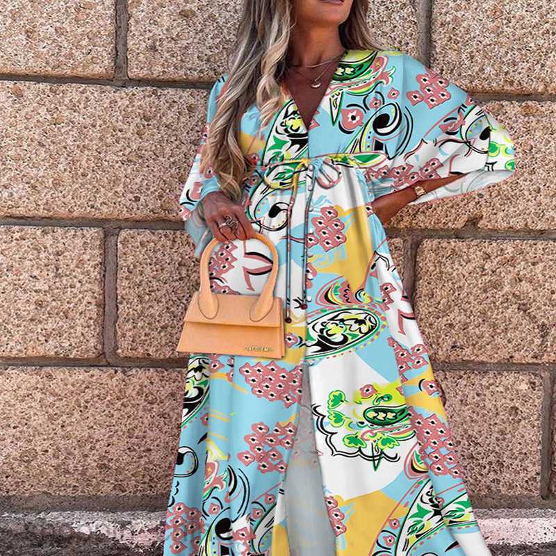 Basic Casual Dresses Women New Women's Spring/Summer Leisure Vacation Style V-neck Printed Dress