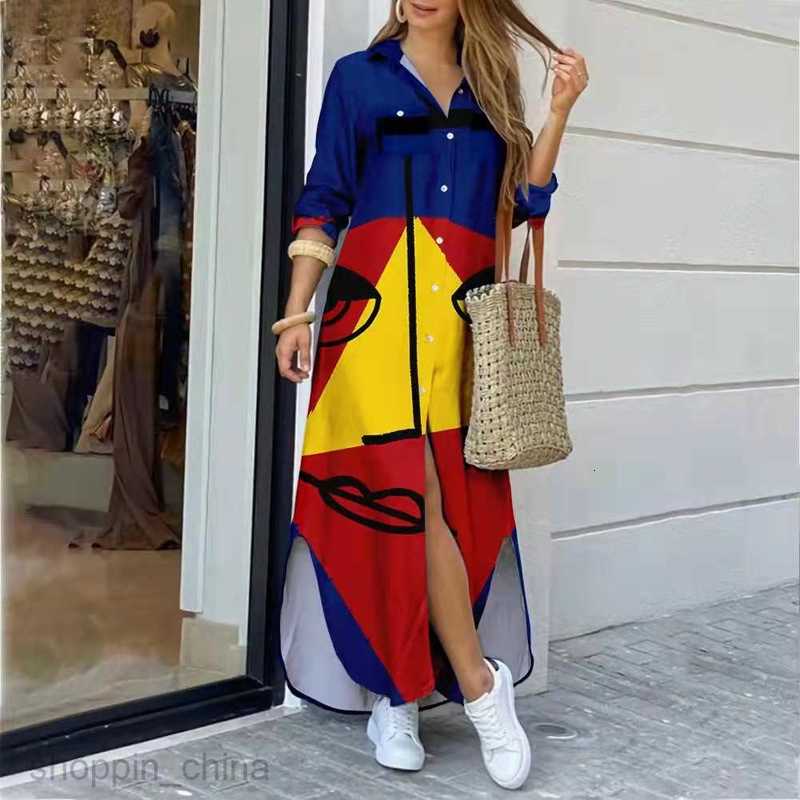 Basic Casual Dresses Women New Autumn New Fashion Long Sleeve Printed Shirt Skirt Long Dress