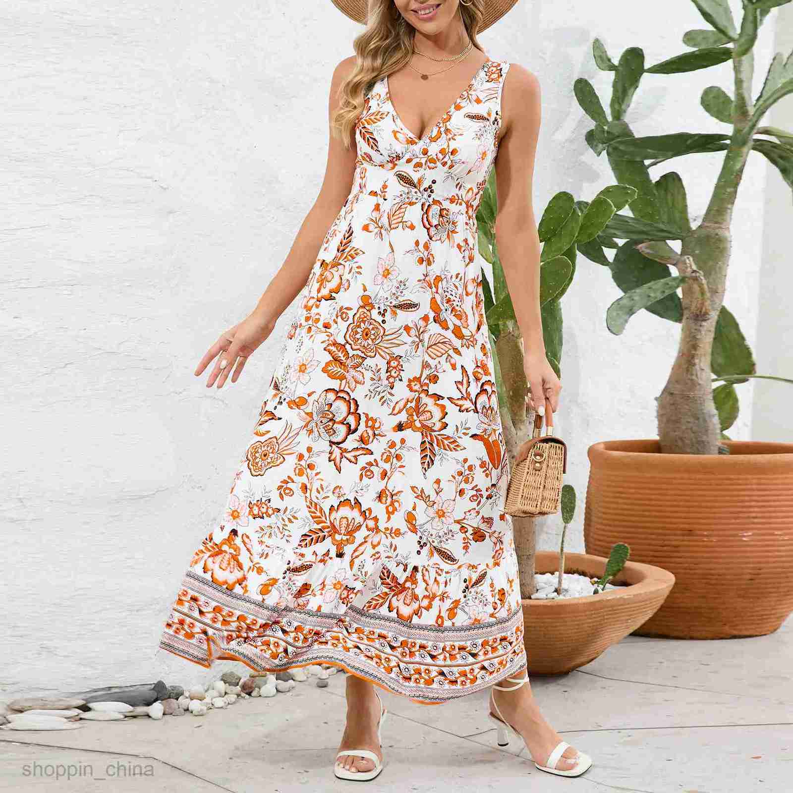 Basic Casual Dresses Women Sexy V-neck slim fit temperament dress, summer women's floral dress, printed long skirt