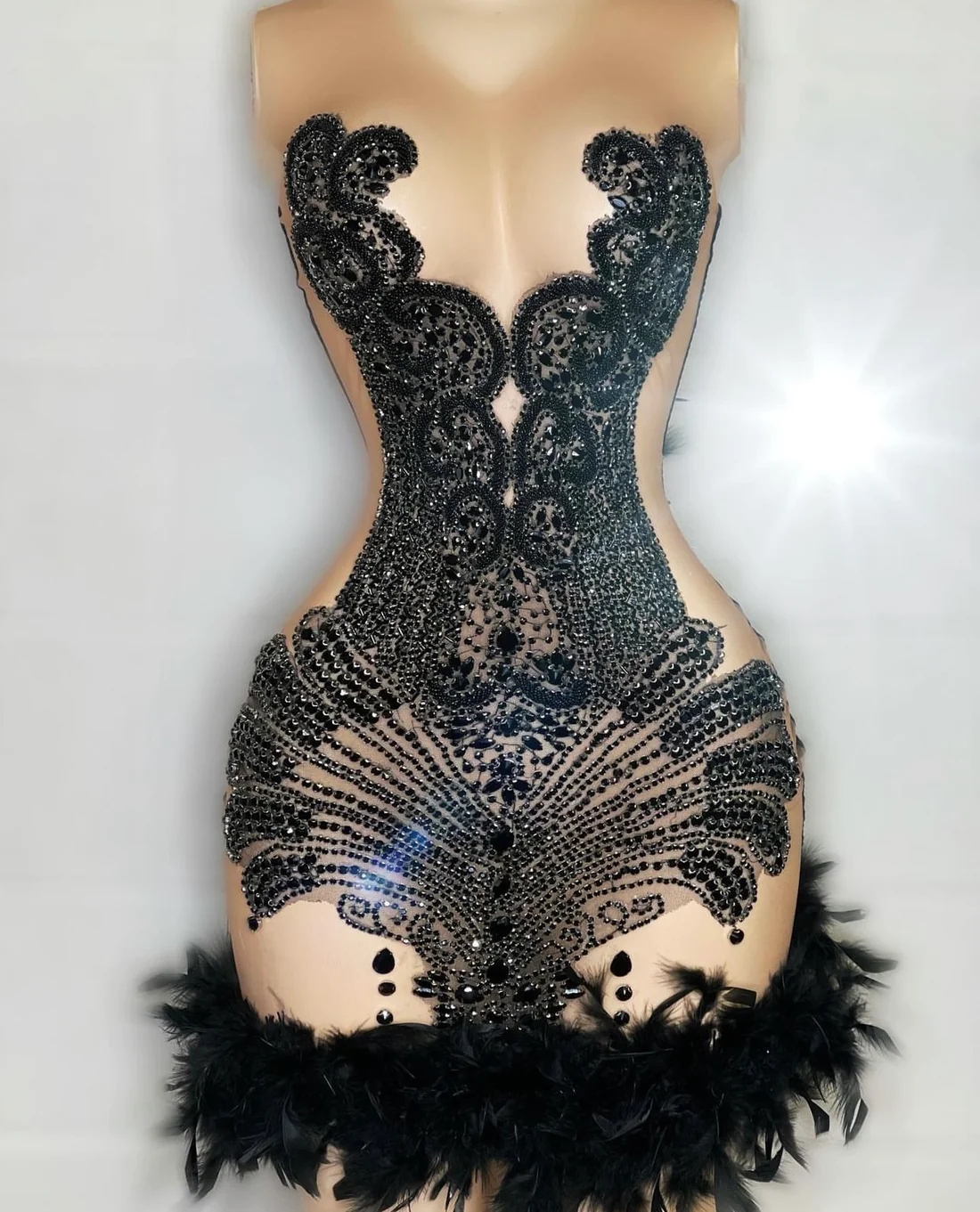 Luxury Crystals Feather Short Prom Dresses For Black Girls See Through African American Cocktail Dresses Birthday Party Homecoming Gowns J025