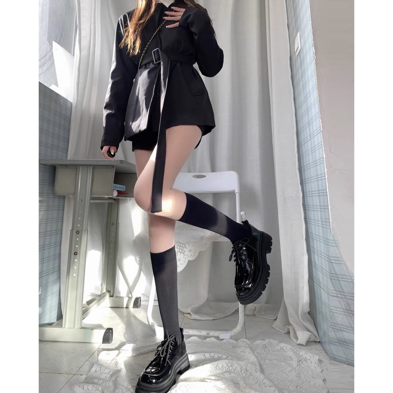 Black Classic Small Leather Shoes Women's Fall 2023 Mid-Heel Platform Leather Comfort Loafers Lace-up British Singles
