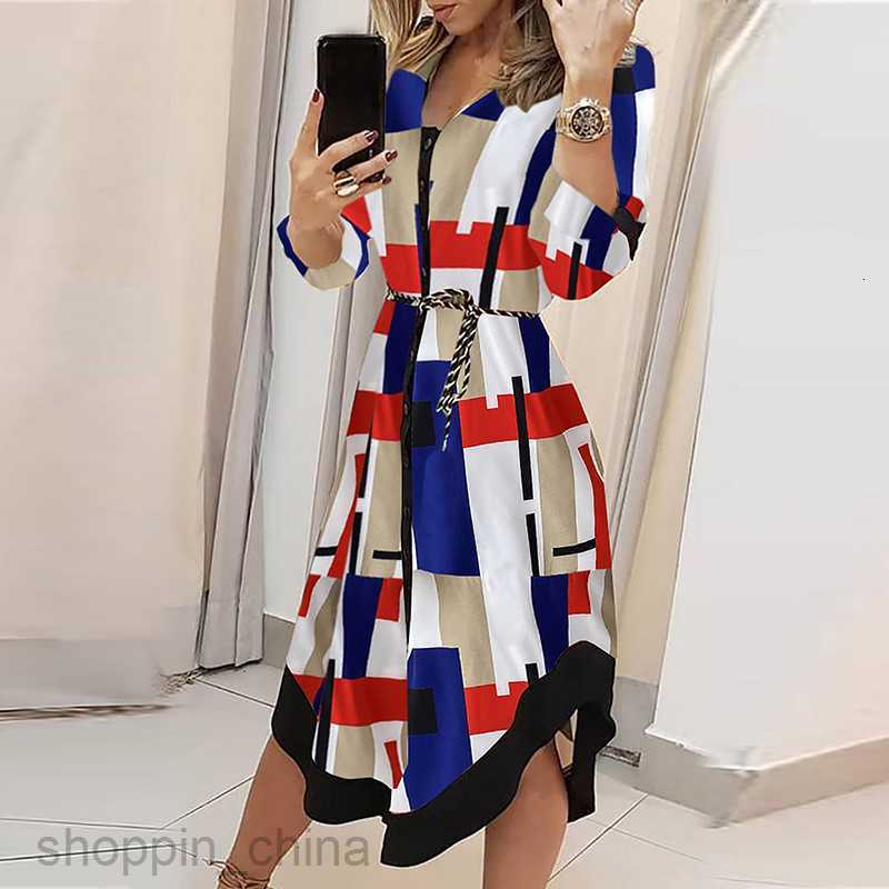 Basic Casual Dresses for Woman Women's summer new mid length skirt with printed plaid collar and tie up dress