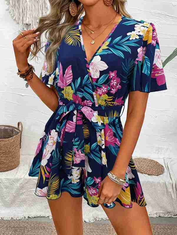 Basic Casual Dresses for Woman Beach Vacation Wind Lotus Leaf Sleeves Cross Collar Waistband Short Skirt Pants Women's Loose Printed jumpsuit Wom