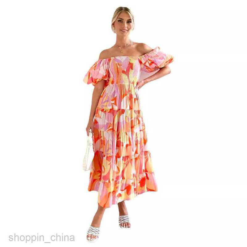 Basic Casual Dresses Women Spring/Summer New Slim and Spicy Girl Slim Fit Back One Line Neck Printed Short Sleeve Dress for Women