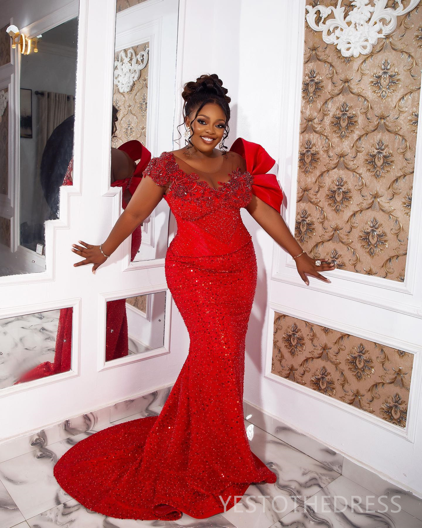2025 Plus Size Red Prom Dress Mermaid Promdress Evening Dresses for Black Women Short Sleeves Beaded Lace Illusion Birthday Dress Second Reception Gow