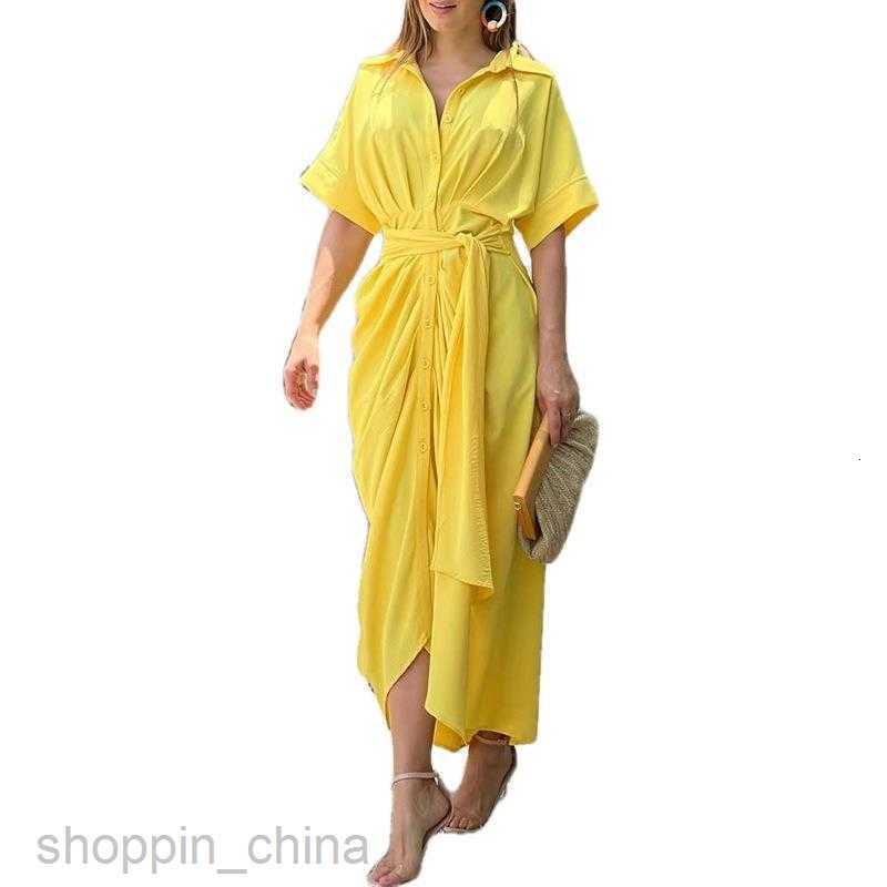 Basic Casual Dresses for Woman Summer New Women's Wear Lace up Waist Short Sleeve Single breasted Solid Color Shirt Dress