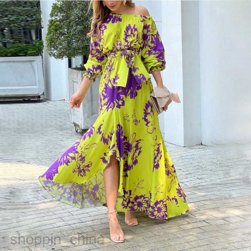 Basic Casual Dresses for Woman New Elegant Skew Shoulder Long Dress with Printed Lantern Sleeves High Waist Dress for Women