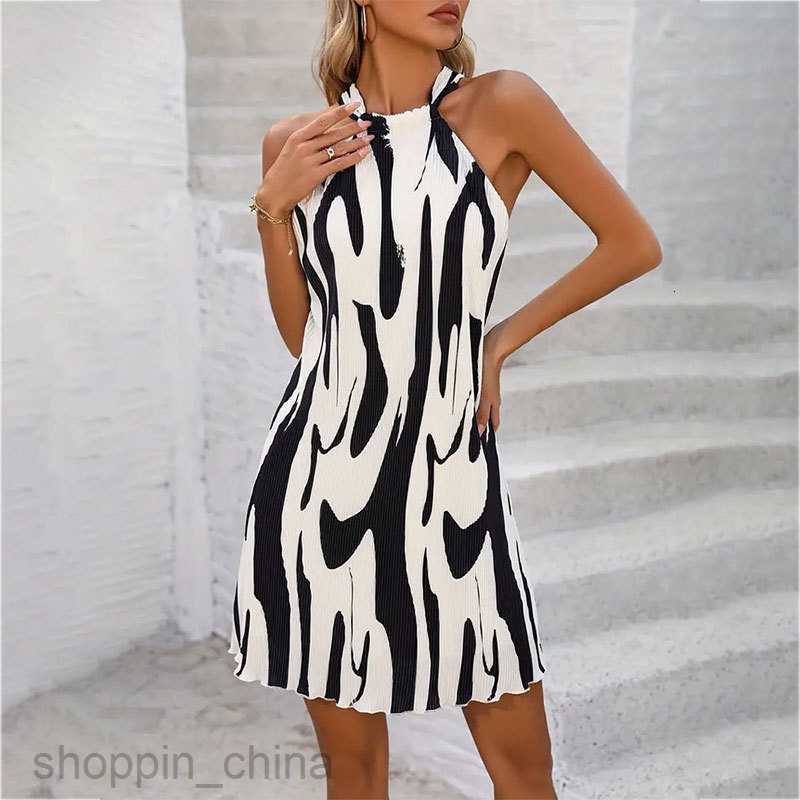 Basic Casual Dresses for Woman Women's Summer Elegant Print Wrinkle Feeling Hanging Neck A Swing Dress Personalized Shoulder Lace Short Skirt